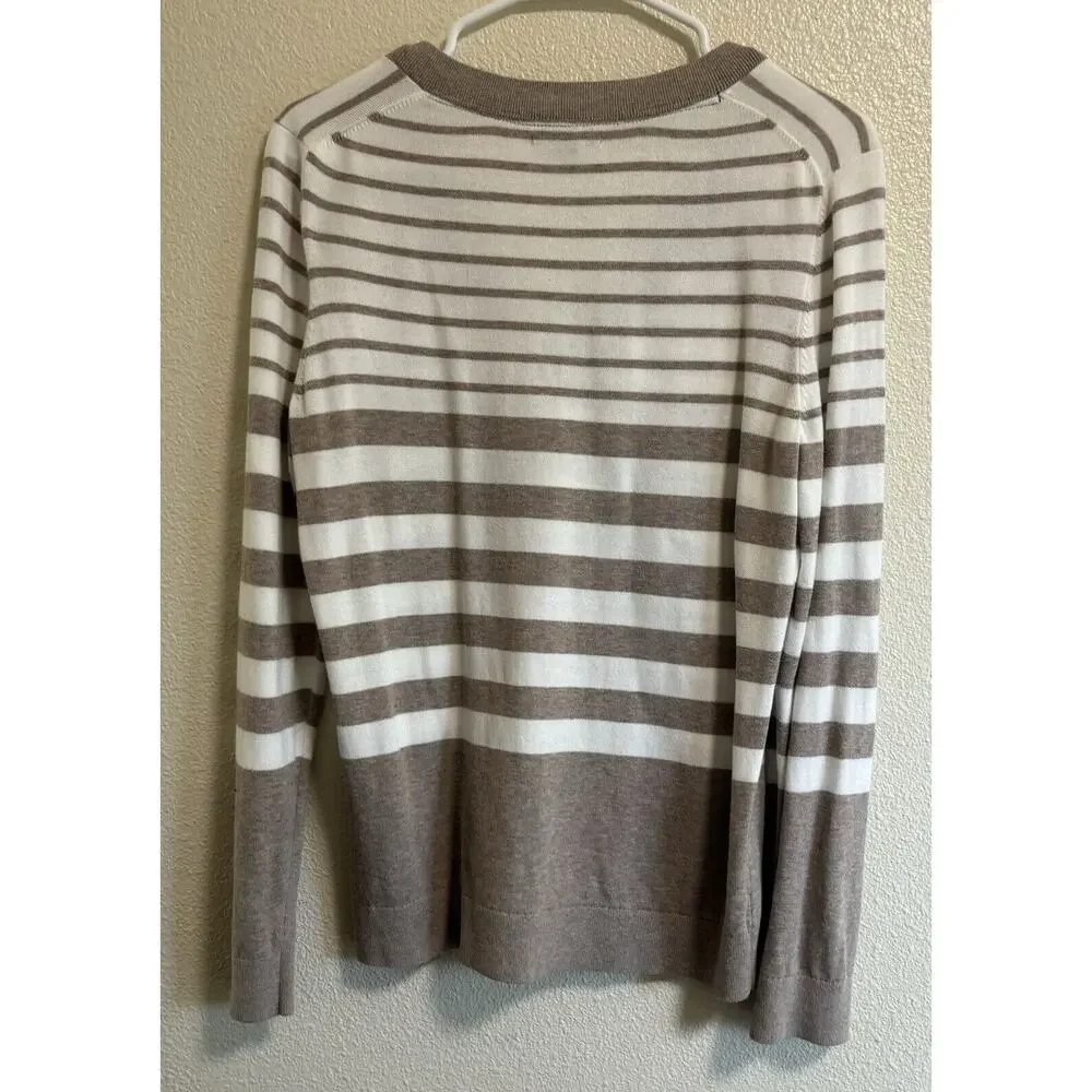 Striped V-Neck Sweater Tan/White Preppy Academia Coastal Casual Women’s Size M